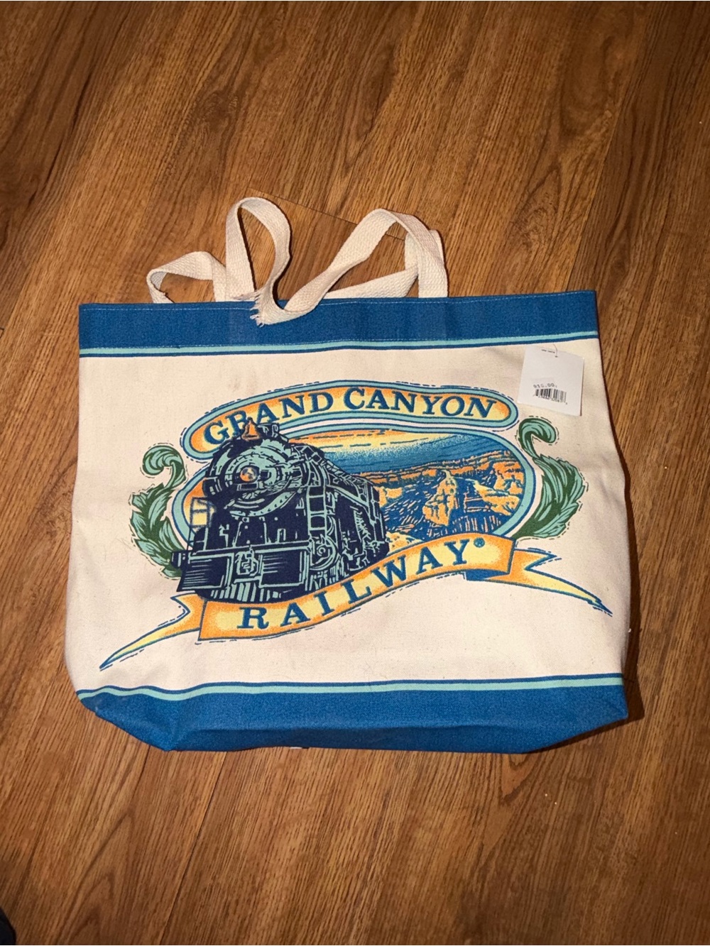 Grand Canyon Railway Canvas Tote Bag in Cream & Blue